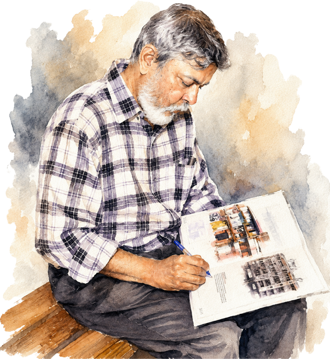 Milind Mulick signing the Pratibimb catalogue, watercolour